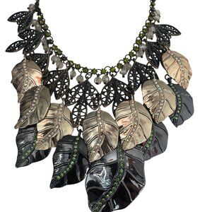 2/$25 Bicolor Leaf Statement Necklace With Multicolored Rhinestones